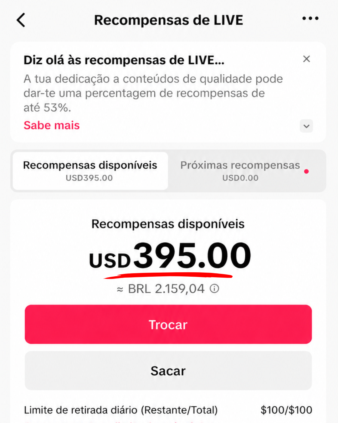 Saldo acumulado com presentes do TikTok Live
